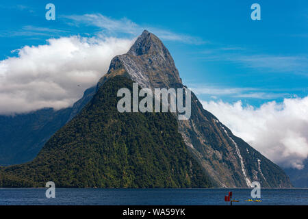 A clear view of the often elusive Mitre Peak from Milford Sound boat terminal Stock Photo