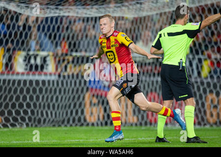 Mechelen Belgium August 17 Nikola Storm Of Kv Mechelen Celebrates After Scoring A Goal With Referee Wesli De Cremer Behind Him During The Jupiler Pro League Match Day 4 Between Kv