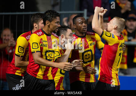 Mechelen Belgium August 17 Nikola Storm Of Kv Mechelen Celebrates After Scoring A Goal With Referee Wesli De Cremer Behind Him During The Jupiler Pro League Match Day 4 Between Kv