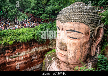 Close-up view of the head of Leshan Giant Buddha in Leshan Sichuan China Stock Photo