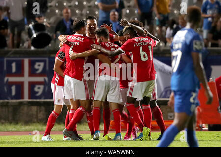Oeiras, Portugal. 17th Aug, 2019. Pizzi (2nd L) of SL Benfica celebrates with teammates after scoring during the Portuguese league football match between Belenenses SAD and SL Benfica at the Jamor stadium in Oeiras, Portugal, on Aug. 17, 2019. Credit: Pedro Fiuza/Xinhua Stock Photo