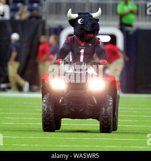 Houston, Texas, USA. 17th Aug, 2019. Toro, the Houston Texans' mascot, drives onto the field on an ATV prior to the NFL preseason game between the Houston Texans and the Detroit Lions at NRG Stadium in Houston, TX on August 17, 2019. Credit: Erik Williams/ZUMA Wire/Alamy Live News Stock Photo