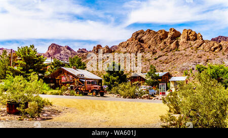 Vintage buildings and cars used in old movies are still on display in the old mining town of El Dorado in the El Dorado Canyon in the Nevada Desert Stock Photo