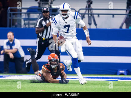 August 17, 2019: Indianapolis Colts quarterback Jacoby Brissett (7) runs with the ball for yardage during NFL football preseason game action between the Cleveland Browns and the Indianapolis Colts at Lucas Oil Stadium in Indianapolis, Indiana. Cleveland defeated Indianapolis 21-18. John Mersits/CSM. Stock Photo