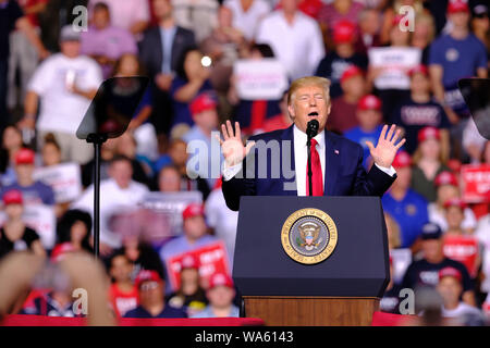 President Donald J. Trump speaks during his campaign for the election next year in Manchester.The current US president is travelling around the country to host rallies for his supports and preparations for the 2020 US presidential election.