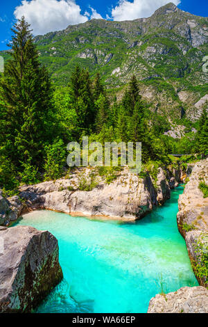 Beautiful rafting and kayaking place in Europe. Well known recreation place and kayaking destination. Spectacular turquoise Soca river and narrow gorg Stock Photo