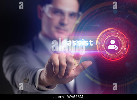 Business , internet  and technology concept. Technical support. Customer help. Businessman presses assist on virtual screen. Stock Photo
