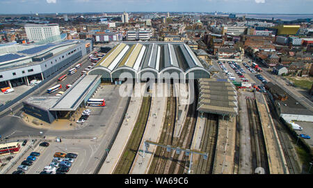 aerial view of Paragon station, Hull interchange, Biggest national rail strike for 30 years begins Stock Photo