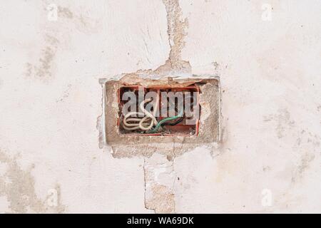 old cracked concrete wall and old electric box Stock Photo