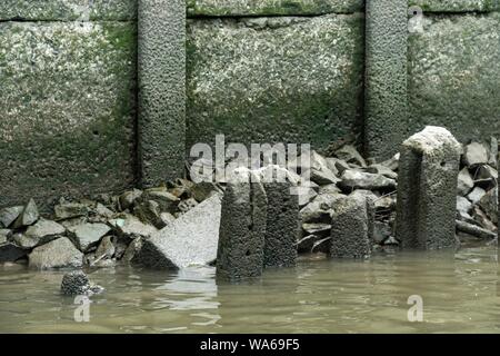 abandoned concrete poles in the river. Stock Photo