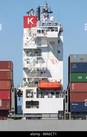 K Line container ship BERLIN BRIDGE inbound Rotterdam. Kawasaki Kisen Kaisha (K Line) is a Japanese transportation company. Stock Photo