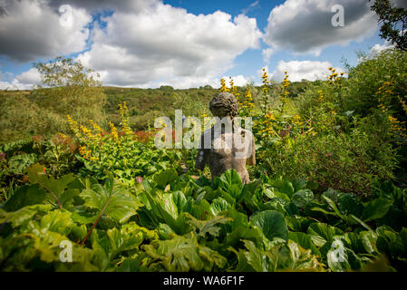 Fishguard, Wales, UK - Aug 12, 2019: Classical statue and various perennials in the Dyffryn Fernant Garden Stock Photo
