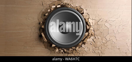 Wooden wall breaks from sound with loudspeaker. 3d illustration Stock Photo