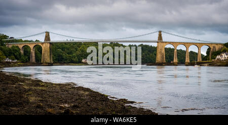 Menai Suspension Bridge, Bangor to Anglesey, viewed from the east. Stock Photo