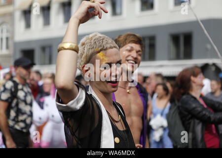 (190818) -- COPENHAGEN, Aug. 18, 2019 (Xinhua) -- People participate in the Pride Parade in Copenhagen, Denmark, on Aug. 17, 2019. Hundreds of thousands of participants took part in this annual event on Saturday, which is part of the Pride Week series events. (Xinhua/Lin Jing) Stock Photo