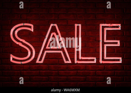 3d illustration: Advertising neon sign with the inscription 'sale' of red letters on the background of a brown brick wall. Stock Photo