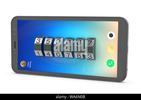 3d illustration: Close view of metal 6-digit combination lock with black numbers and green text 'hacked' on cell phone screen. Isolated on white Stock Photo