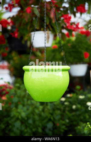 Green ceramic flowerpot hanging in a flower market greenhouse against the background of plants Stock Photo
