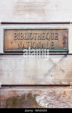 National library signboard on the wall in Montreal, Quebec, Canada. Stock Photo