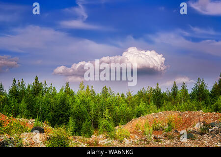 Panorama of mountain ridges covered by green forest on a clear sunny day against a blue sky background. Stock Photo