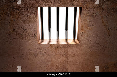 Prison cell, inside a prison cell. Window of a penitentiary. Shadows projected on the ground. Prison sentence, window bars. Detainees and surveillance Stock Photo