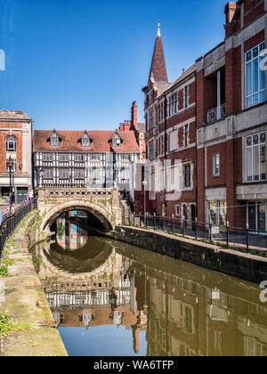 2 July 2019: Lincoln, UK - The River Witham in central Lincoln, looking towards High Bridge. Stock Photo