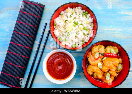 Chinese Syle King Prawns in Sweet Chilli Sauce With Egg Fried Rice Stock Photo