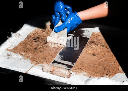 Woman in blue gloves making chocolate fried thai roll ice cream. The process. Stock Photo