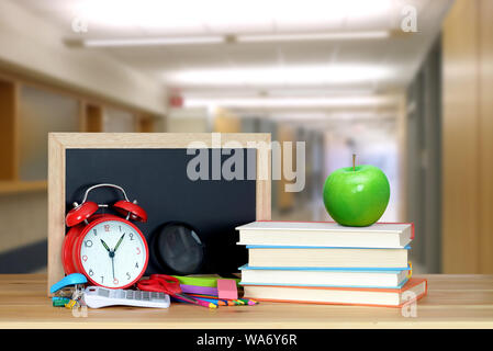 very blurry school hall background and book for education concept Stock Photo