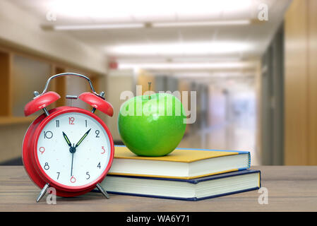 very blurry school hall background and book for education concept Stock Photo