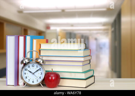 very blurry school hall background and book for education concept Stock Photo