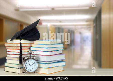 very blurry school hall background and book for education concept Stock Photo