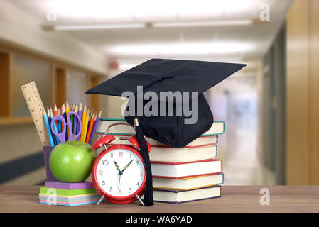 very blurry school hall background and book for education concept Stock Photo