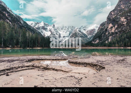 Beautiful Alpine lake Lago di Landro in Dolomites mountains, South Tyrol, Italy, Europe Stock Photo