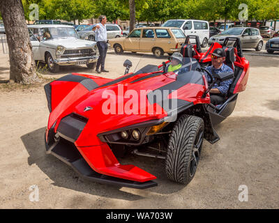 American 'Polaris Slingshot' 3-wheel motorcycle open-air roadster, at car rally in Saint Savin, Vienne, France. Stock Photo