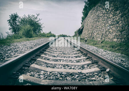 Perspective of the railway, wheel track rail, , vintage style. Old railway track Stock Photo