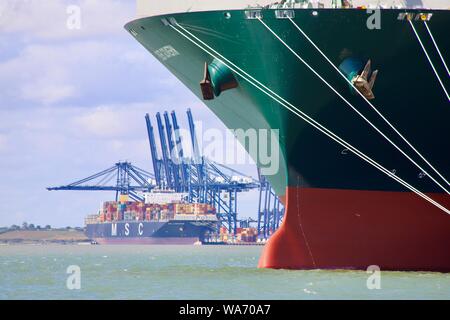 Felixstowe, Suffolk, UK - 18 August 2019: The Evergreen Ever Govern container ship docked at the Port of Felixstowe. MSC Laurence in the distance. Stock Photo