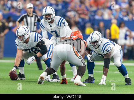 Indianapolis, USA. 17 August 2019.  Indianapolis Colts quarterback Jacoby Brissett (7) directs the offense under center during NFL football preseason game action between the Cleveland Browns and the Indianapolis Colts at Lucas Oil Stadium in Indianapolis, Indiana. Cleveland defeated Indianapolis 21-18. John Mersits/CSM. Credit: Cal Sport Media/Alamy Live News Stock Photo