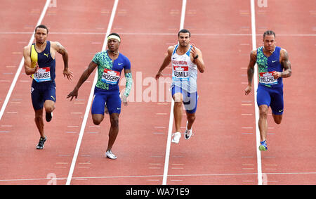 (From left to right) Canada's Andre De Grasse, USA's Michael Rodgers, Great Britain's Adam Gemili and USA's Christopher Belcher in the Men's 100m Final during the Muller Grand Prix Birmingham at The Alexander Stadium, Birmingham. Stock Photo