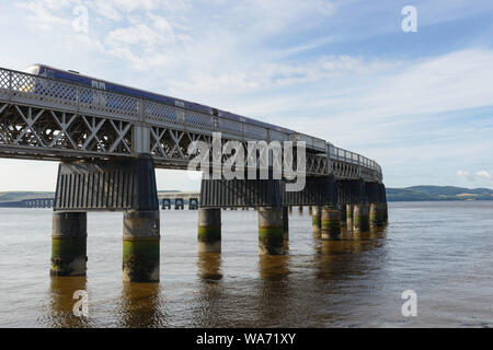 ScotRail train passes over the Tay Rail Bridge Dundee Tayside Scotland Stock Photo