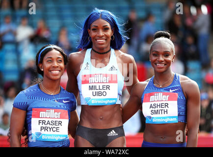 Bahamas Shaunae Miller-Uibo (centre) celebrates winning the Women's 200m Final alongside second placed Great Britain's Dina Asher-Smith (right) and third placed Jamaica's Shelly-Ann Fraser-Pryce during the Muller Grand Prix Birmingham at The Alexander Stadium, Birmingham. Stock Photo
