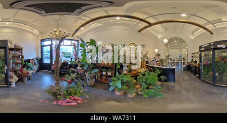 360 degree panoramic view of ANSAN, SOUTH KOREA 4 JULY, 2019: full seamless panorama 360 degrees angle view in interior of shop. Restaurant, Florist, Billiard room. skybox VR cont