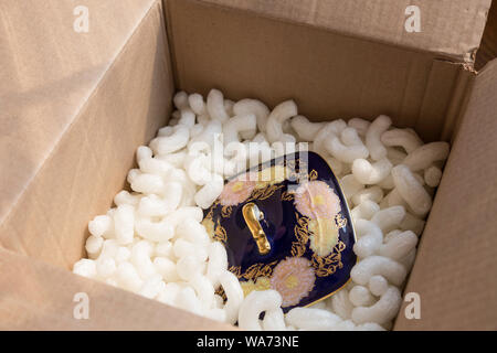 Vintage Hutschenreuther Cobalt Serving Dish Safely Packed in Box with Styrofoam Peanuts Stock Photo