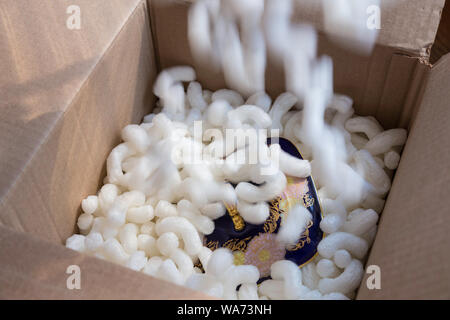 Vintage Hutschenreuther Cobalt Serving Dish Safely Packed in Box with Styrofoam Peanuts Stock Photo