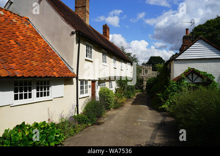 The Old Guildhall in a lane leading to the church at Clavering. Stock Photo