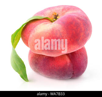 Isolated fruits. Two flat peaches (doughnut peaches) on top of each other isolated on white background with clipping path Stock Photo