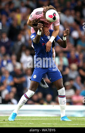 Leicester City's Caglar Soyuncu (left) and Chelsea's Tammy Abraham battle for the ball during the Premier League match at Stamford Bridge, London. Stock Photo