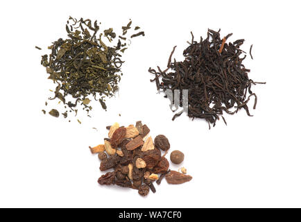 Set of Green Tea, Black Tea, Spices for mulled wine isolated on white Background Stock Photo