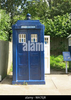 Photo of the blue Police public call Box, made famous as the tardis in Dr Who Stock Photo