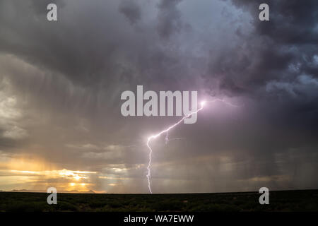 Dramatic Lightning Strike and Rain Shafts at Sunset in the Chihuahuan Desert of Southern New Mexico, USA Stock Photo